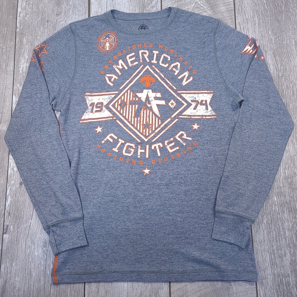 American Fighter Thermal Shirt Mens Large Gray Long Sleeve Graphic MMA Waffle